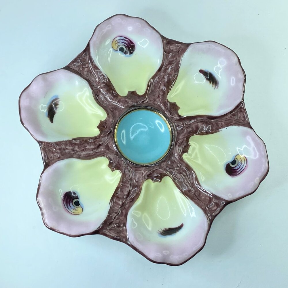 Early Antique Limoges Hand Painted turquoise blue Oyster Plate, 9" op219 A406